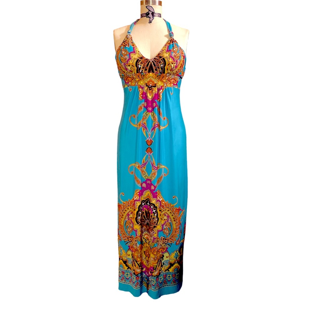 Valerie Bertinelli Turquoise Paisley Halter Maxi Dress